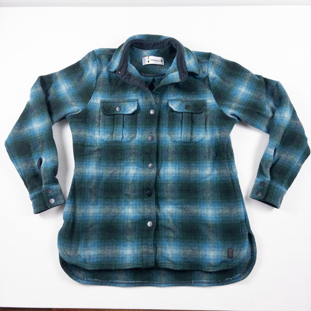 Smartwool Anchor Line Shacket Womens Medium Blue Green Wool Plaid Flannel Jacket